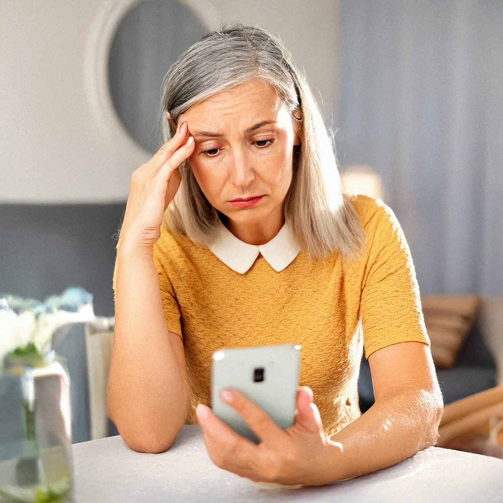 broke woman with no money looking at phone