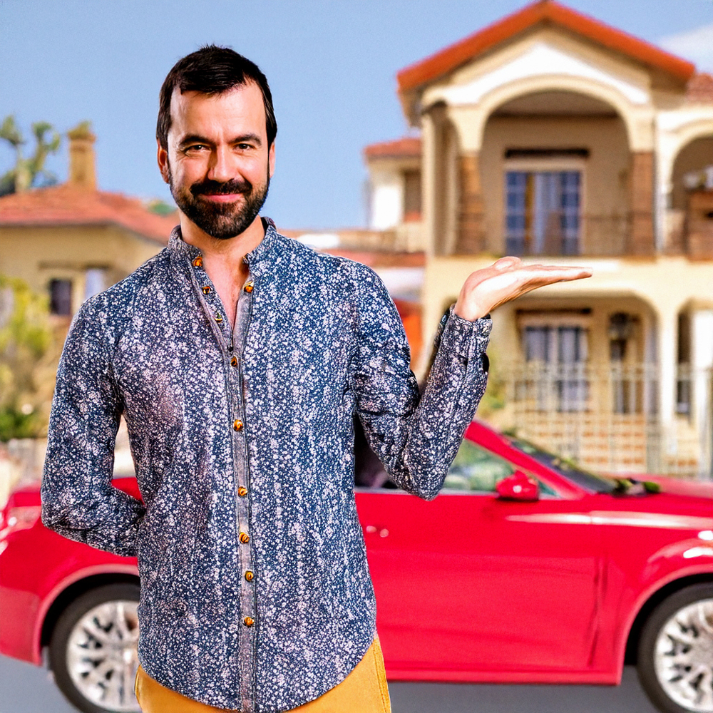 broke man showing off house and car and clothes